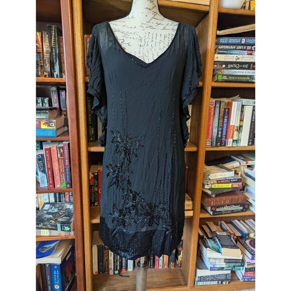 VTG Karen Millen 20s style 8 Black  Silk Eveningwear Dress Beaded Embellished - Picture 2 of 11
